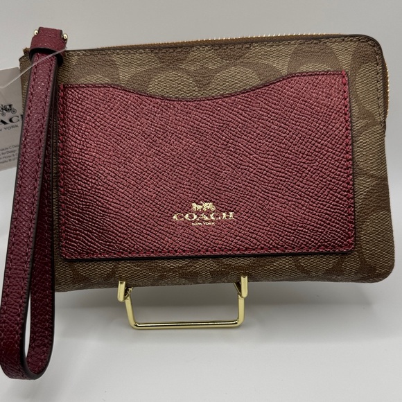 Coach Handbags - COACH Khaki & Metallic Cherry Corner Zip Wristlet Wallet Card Holder NWT